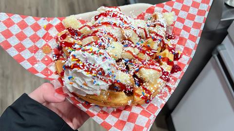 A person is holding a waffle with ice cream and sprinkles.