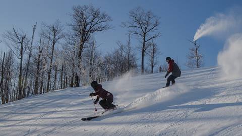 a skier and snowboarder riding down the hill.