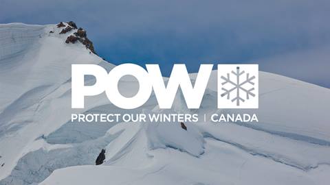 Snow-covered mountain peaks with the "protect our winters canada" logo prominently displayed.