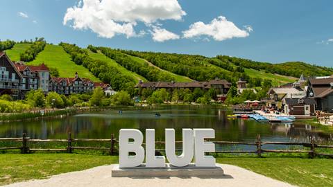 Landscape view of a lake with large "blue" sculpture in the foreground, a village, and green hills in the background on a sunny day.