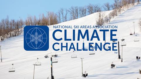 Snow-covered ski slopes with chairlifts and a logo for the national ski areas association climate challenge.