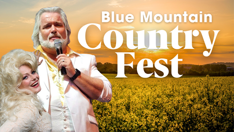 Promotional banner for blue mountain country fest featuring two performers with a sunset and a field of flowers in the background.