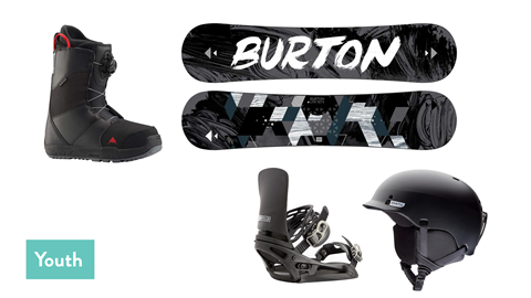 Lay flat of youth snowboard boots, Burton snowboard, bindings and helmet