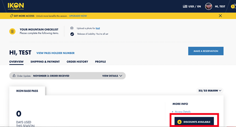 Ikon Pass account page showing discounts available