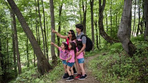 a family stopping to point at the natural wildlife found at a one of the many hiking trails at blue mountain resort
