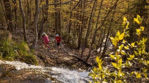 image of frost on the ground with two people hiking during the spring at blue mountain resort